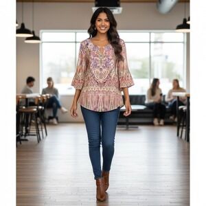 World Unity Bell Sleeve Tunic Top Womens Large Paisley Boho Crochet Back Hippie